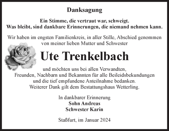 Traueranzeige von Ute Trenkelbach von Volksstimme Staßfurt