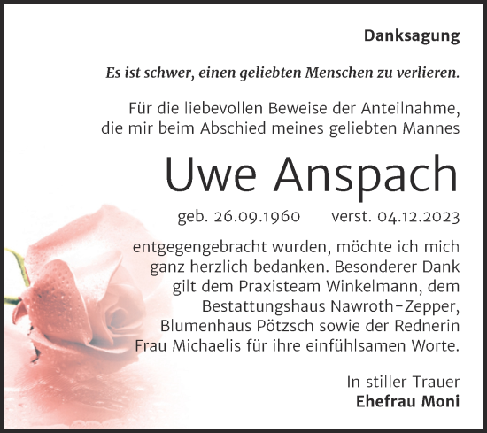 Traueranzeige von Uwe Anspach von Trauerkombi Bitterfeld