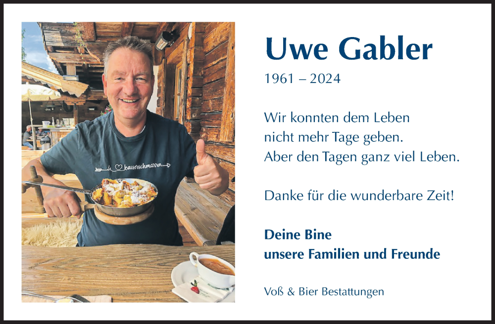  Traueranzeige für Uwe Gabler vom 27.01.2024 aus Volksstimme Wernigerode