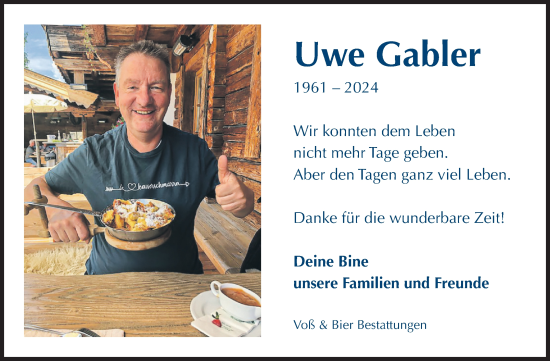 Traueranzeige von Uwe Gabler von Volksstimme Wernigerode