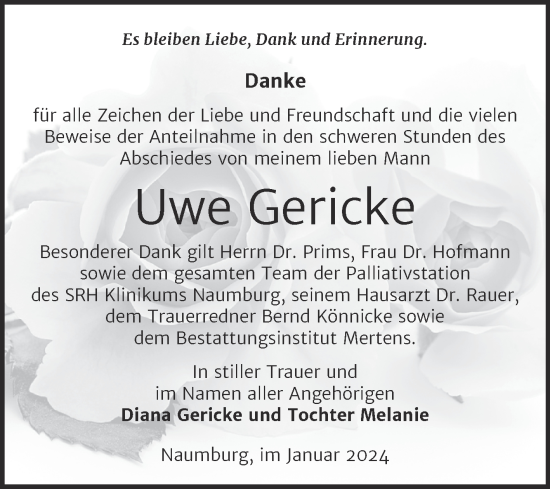 Traueranzeige von Uwe Gericke von Super Sonntag Naumburg/Nebra