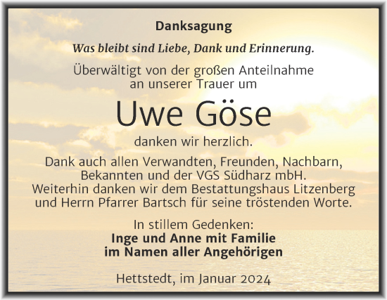 Traueranzeige von Uwe Göse von Trauerkombi Mansfelder Land