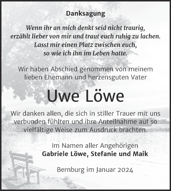 Traueranzeige von Uwe Löwe von Trauerkombi Bernburg