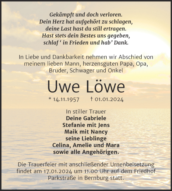Traueranzeige von Uwe Löwe von Trauerkombi Bernburg