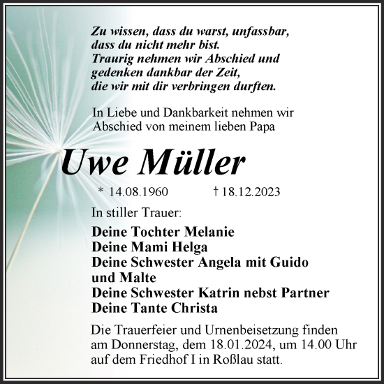 Traueranzeige von Uwe Müller von Trauerkombi Dessau