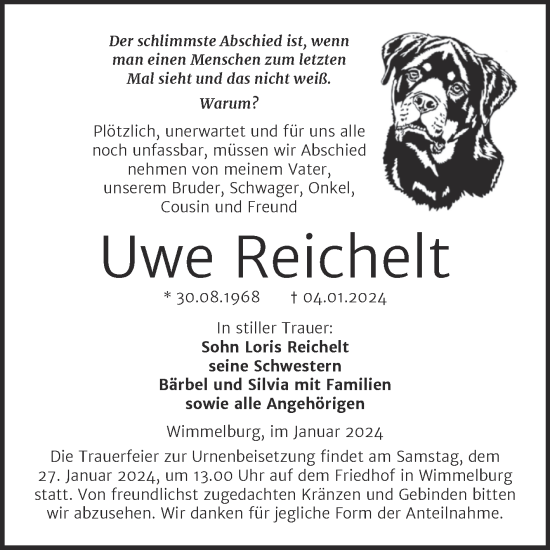 Traueranzeige von Uwe Reichelt von Trauerkombi Mansfelder Land
