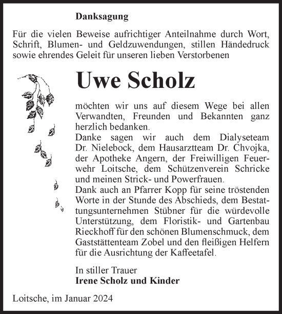 Traueranzeige von Uwe Scholz von Volksstimme Haldensleben/Wolmirstedt
