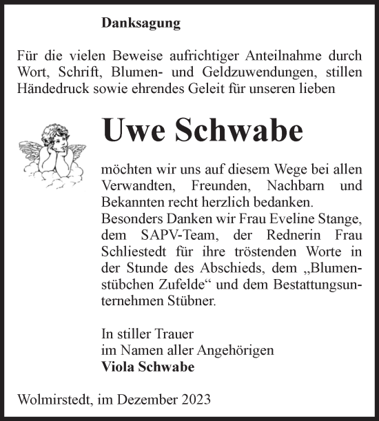 Traueranzeige von Uwe Schwabe von Volksstimme Haldensleben/Wolmirstedt