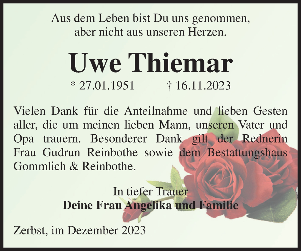  Traueranzeige für Uwe Thiemar vom 05.01.2024 aus Volksstimme Zerbst