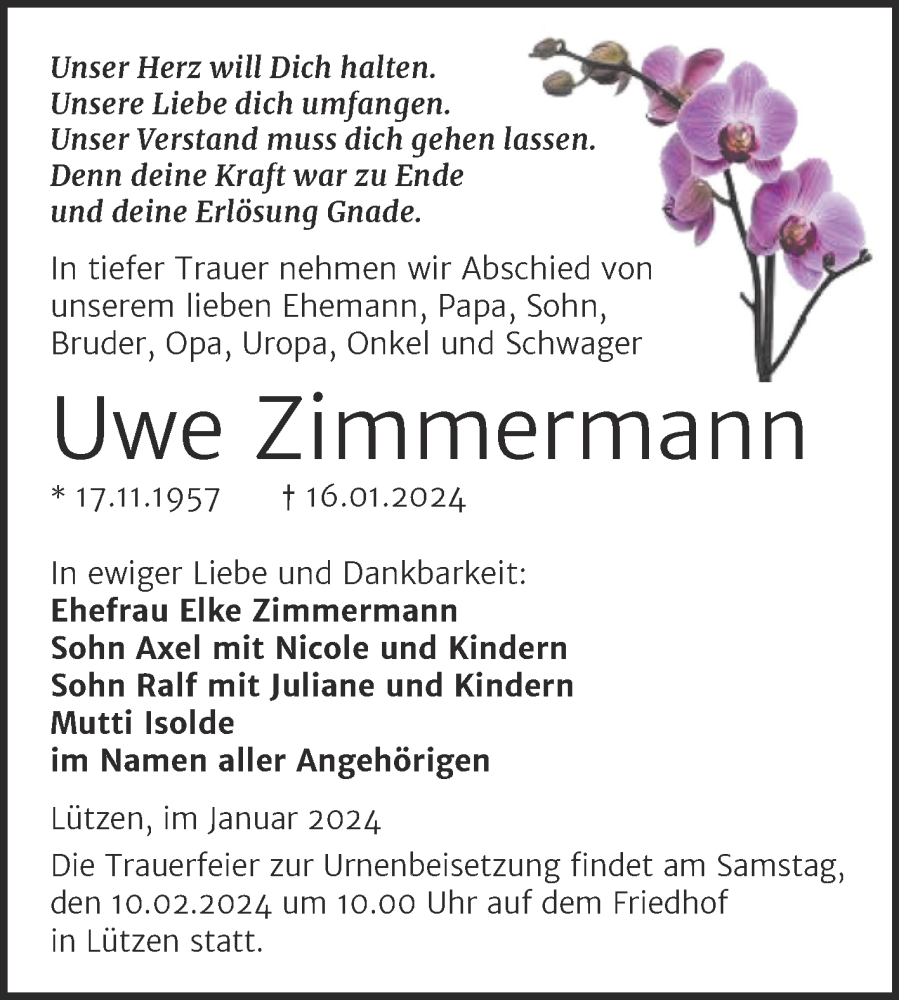  Traueranzeige für Uwe Zimmermann vom 27.01.2024 aus Trauerkombi Weißenfels
