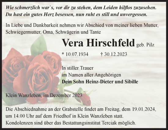 Traueranzeige von Vera Hirschfeld von Volksstimme Oschersleben/Wanzleben