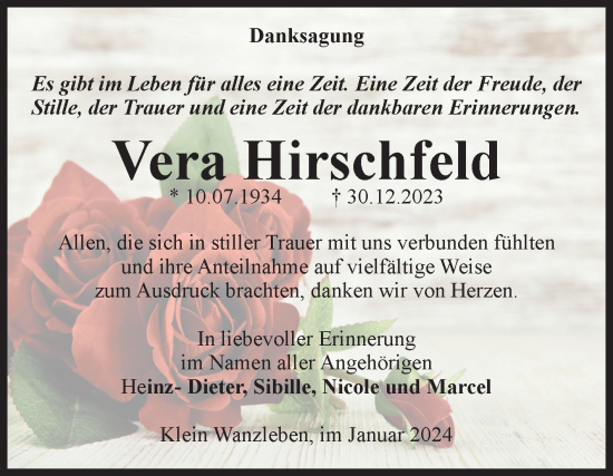 Traueranzeige von Vera Hirschfeld von Volksstimme Oschersleben/Wanzleben
