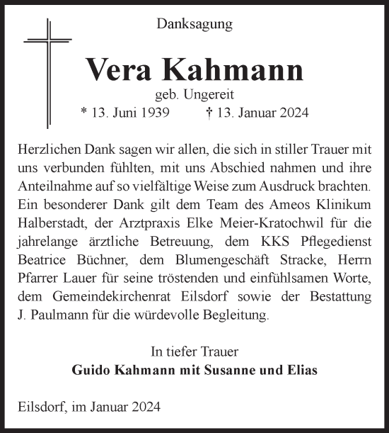Traueranzeige von Vera Kahmann von Volksstimme Halberstadt
