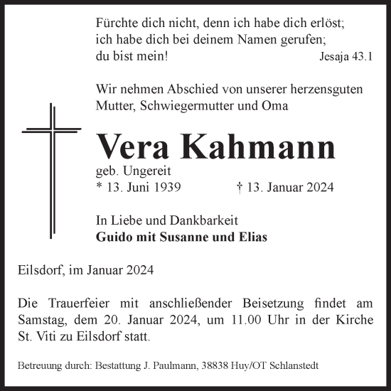 Traueranzeige von Vera Kahmann von Volksstimme Halberstadt