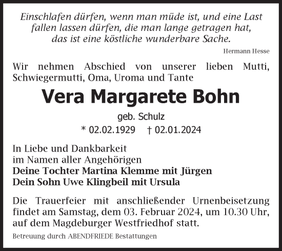 Traueranzeige von Vera Margarete Bohn von Volksstimme Magdeburg
