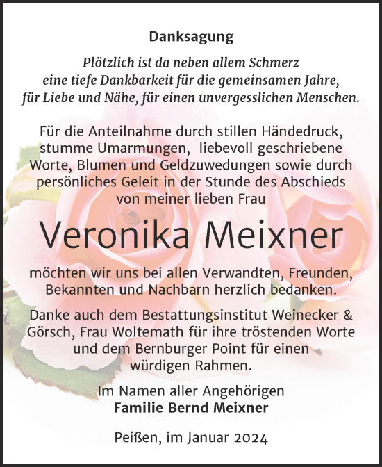 Traueranzeige von Veronika Meixner von Trauerkombi Bernburg