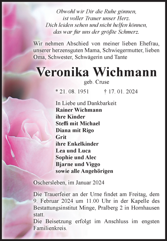 Traueranzeige von Veronika Wichmann von Volksstimme Oschersleben/Wanzleben