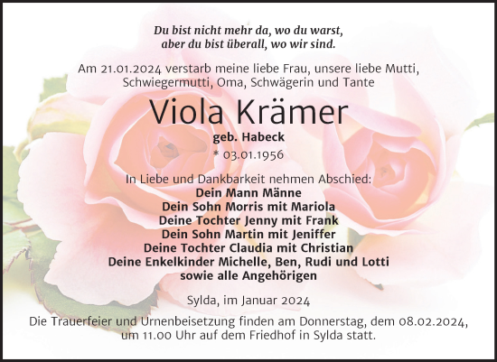 Traueranzeige von Viola Krämer von Trauerkombi Aschersleben