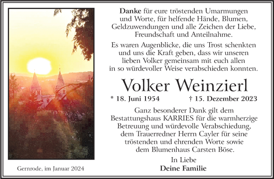 Traueranzeige von Volker Weinzierl von Trauerkombi Quedlinburg