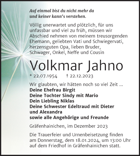 Traueranzeige von Volkmar Jahno von Trauerkombi Wittenberg