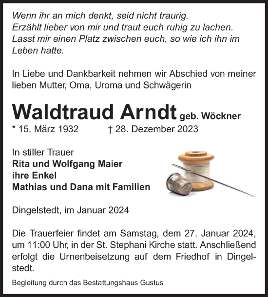 Traueranzeige von Waldtraud Arndt von Volksstimme Halberstadt