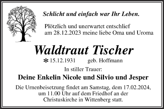 Traueranzeige von Waldtraut Tischer von Trauerkombi Wittenberg