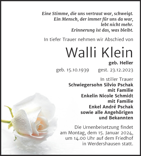 Traueranzeige von Walli Klein von Trauerkombi Köthen