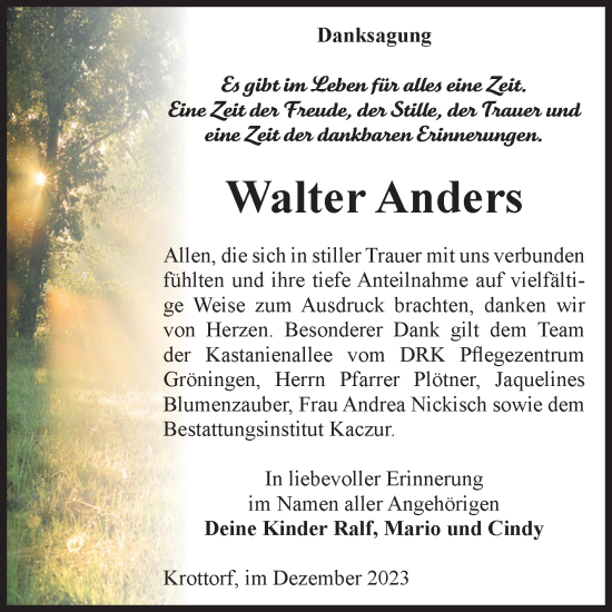 Traueranzeige von Walter Anders von Volksstimme Oschersleben/Wanzleben