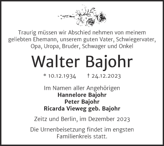 Traueranzeige von Walter Bajohr von Trauerkombi Zeitz