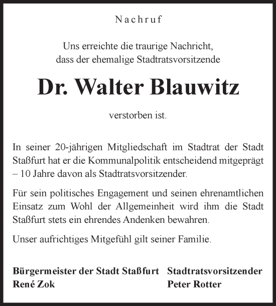 Traueranzeige von Walter Blauwitz von Volksstimme Staßfurt