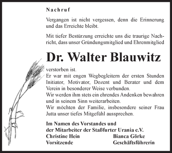 Traueranzeige von Walter Blauwitz von Volksstimme Staßfurt