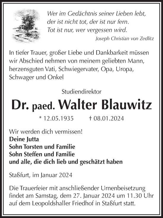 Traueranzeige von Walter Blauwitz von Volksstimme Staßfurt