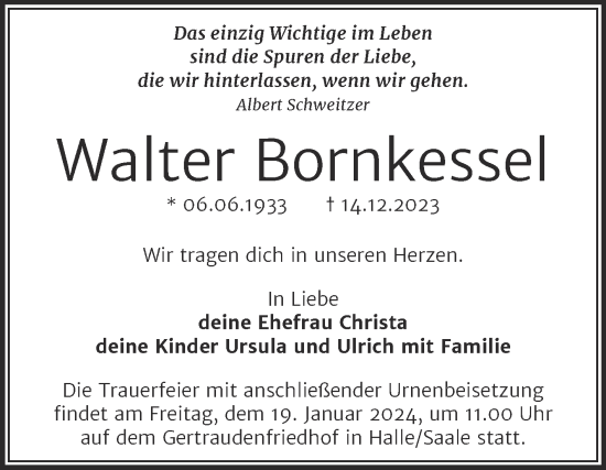 Traueranzeige von Walter Bornkessel von Mitteldeutsche Zeitung Halle/Saalkreis