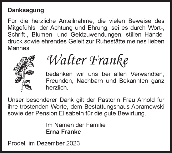 Traueranzeige von Walter Franke von Volksstimme Zerbst