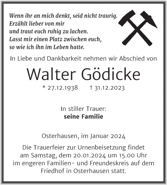 Traueranzeige von Walter Gödicke von Trauerkombi Mansfelder Land
