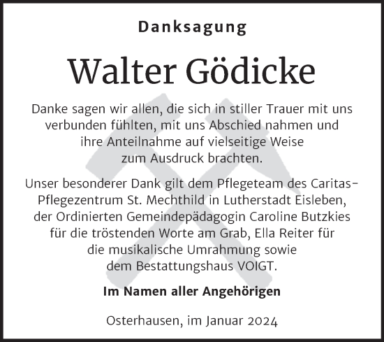 Traueranzeige von Walter Gödicke von Trauerkombi Mansfelder Land