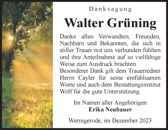 Traueranzeige von Walter Grüning von Volksstimme Wernigerode