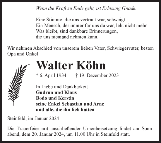 Traueranzeige von Walter Köhn von Volksstimme Altmark Ost