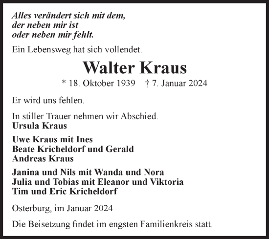 Traueranzeige von Walter Kraus von Volksstimme Altmark Ost