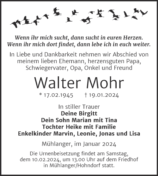Traueranzeige von Walter Mohr von Trauerkombi Wittenberg