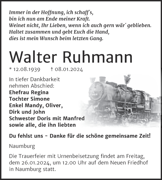 Traueranzeige von Walter Ruhmann von Naumburger Tageblatt