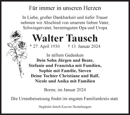 Traueranzeige von Walter Tausch von Volksstimme Staßfurt