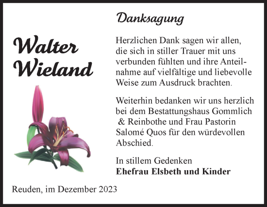 Traueranzeige von Walter Wieland von Volksstimme Zerbst