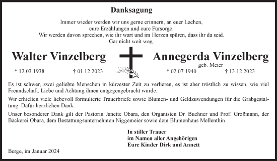 Traueranzeige von Walter und Annegerda Vinzelberg von Volksstimme Altmark Ost