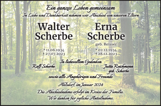 Traueranzeige von Walter und Erna Scherbe von Trauerkombi Mansfelder Land