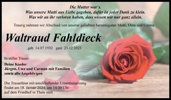 Traueranzeige von Waltraud Fahldieck von Trauerkombi Quedlinburg