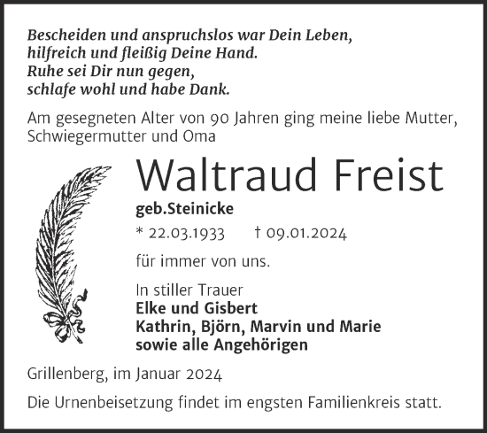 Traueranzeige von Waltraud Freist von Trauerkombi Sangerhausen