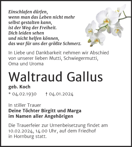Traueranzeige von Waltraud Gallus von Trauerkombi Mansfelder Land