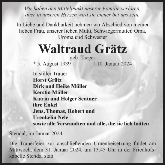 Traueranzeige von Waltraud Grätz von Volksstimme Altmark Ost