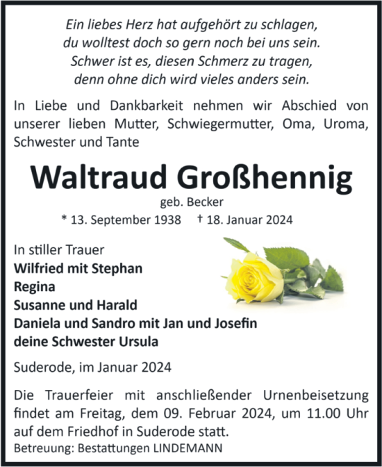 Traueranzeige von Waltraud Großhennig von Volksstimme Halberstadt